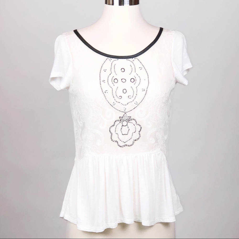AE Lace Peplum Short Sleeve Top Small Ivory Sheer